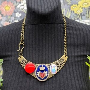 🌟Adorned Crown Jewelry assemblage red white blue rhinestone button bib necklace